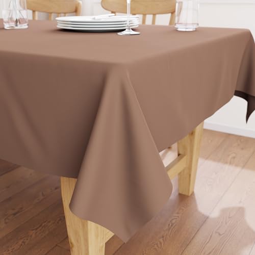 Image of Encasa XO Dining Table Cover Cloth for 4 Seater | 140x140 cm Cotton Canvas Square Table Cloth | Machine Washable Tablecloth for Indoor & Outdoor Use - Tan Solid Color