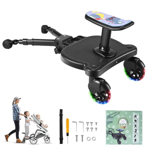 Joycushy Buggy Board Universal Buggy Board with Seat & LED Wheels Black Pram Standing Kiddy Board Pram Accessory for Toddlers from 2-6 Years (Load 25 kg) Compatible with 99% Stroller