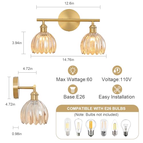 Image of Gold Bathroom Light Fixtures Over Mirror, 2 Light Bathroom Vanity Light with Tulip Amber Glass Lampshade, Vintage Vanity Lights for Bathroom, Bathroom Vanity Lights Over Mirror