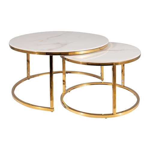 SIGNAL MEBLE, PORTAFINO, Couchtisch, 2-teilig, Keramik-Tischplatte, Luxus Couchtisch Set, Gold-Metallgestell, Ø60/45cm, Weiß/Gold