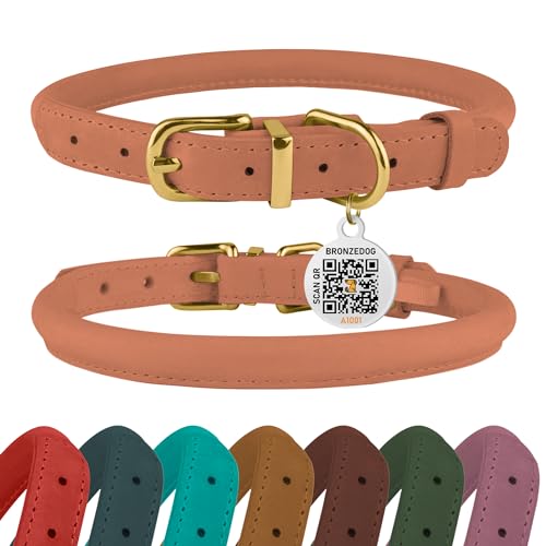 Rolled Leather Dog Collar, QR Tag, Anti-Tangle (19-21", Peach)