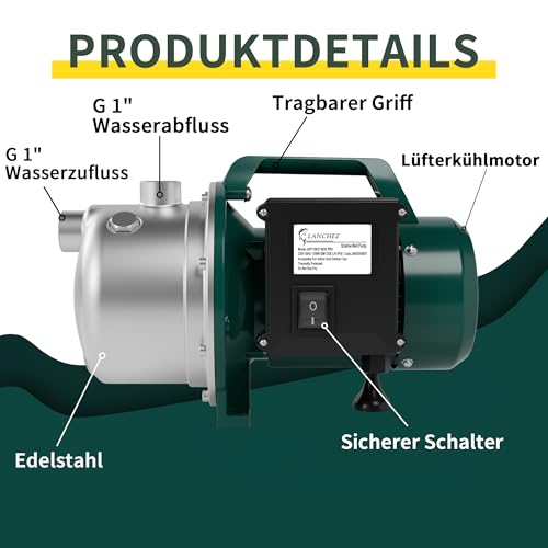 LANCHEZ Gartenpumpe 7200 l/h Fördermenge, Leistung 1100 W, 50 m Förderhöhe, Ansaughöhe bis zu 7 m, Wasserpumpe für Regenfässer, Zisternen, Gartenteiche
