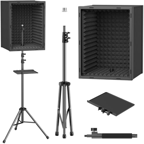 TONOR Microphone Isolation Shield for Studio, Framed Acoustic Foam Box for Pro Recording, Tripod Stand Mic Filter for Sound Absorbing, Professional Vocal Booth, Adjustable Height, Podcast, Singing