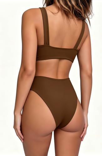 Image of geluboao Bikini Set for Women Solid V Neck Knot Front Push Up High Leg Thong Two Piece Swimsuit