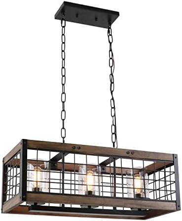 Anmytek Rustic Chandelier Wood Light Fixture with Clear Glass Shades , Farmhouse Dinning Room Caged Pendant Light or Vintage Hanging Lamp 3 Lights, C0006