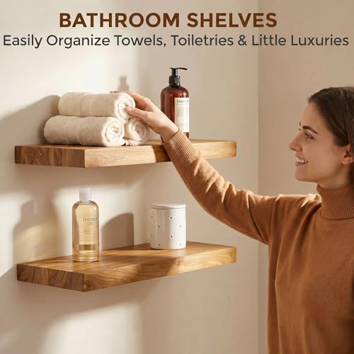 Image of Dreamland 18 Inch Long Floating Shelves Set of 2, Rustic Solid Elm Wood Floating Shelf Wall Mounted, 8 Inch Deep Wall Shelves with Invisible Bracket for Living Room Bathroom Bedroom Kitchen, Natural