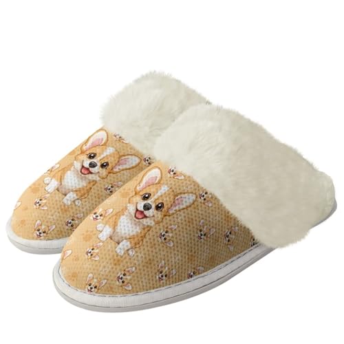 GETELINSENGD Dog Pattern Winter Fluffy Slippers Lightweight Anti-Skid Soft Fuzzy House Slippers for Women