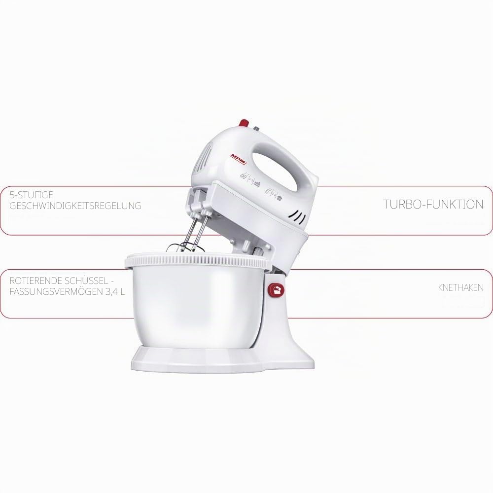 MPM MMR-16Z Teigknetmaschine mit Rotierender Schüssel 3,4 L, BPA frei, Knetmaschine Küchenmaschine, 5 Geschwindigkeiten + Turbo, Stangen und Knethaken Edelstahl, Weiß, 750W