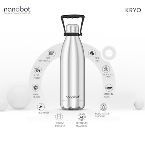 Image of NANOBOT Kryo 1800 ML Insulated Water Bottle 1.8 Litre, 36 Hr Hot and 48 Hr Cold I Leak Proof Lid, ISI Certified I Vacuum Insulated I for Office, Gym, School I Silver