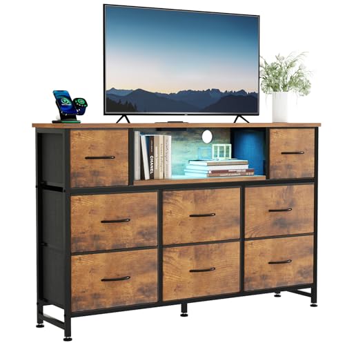 Image of DUMOS TV Stand Dresser with 8 Fabric Drawers and Open Shelves, LED Entertainment Center with Charging Station, Wood Top Media Console for 45-55 inch, Bedroom, Rustic Brown