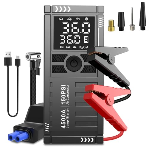 Car Jump Starter with Air Compressor - 4500A Portable Battery Jump Starter (All Gas/9L Diesel) with 150PSI Tire Inflator, 12V Battery Jump Box with LCD Display, Jumper Cables, LED Light