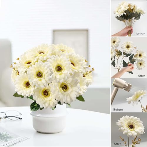 SNAIL GARDEN Artificial Gerbera Daisies Silk Flowers, 14 Heads White Daisy Artificial Flowers with Leaves, Fake Wild Flowers for Wedding, Party, Home Indoor Outdoor Decor by SNAIL GARDEN - Used condition - Image 6