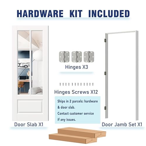 Image of 30 inch x 80 inch Prehung Door, Right-Handed, 2-Lite Mirror Interior Door with Pantry /Bedroom, White MDF with Hardware Kit