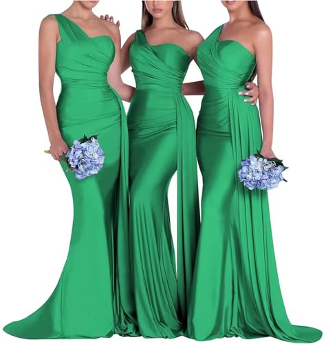 Image of One Shoulder Bridesmaid Dresses for Wedding Long Satin Bodycon Prom Dress Mermaid Formal Evening Gowns