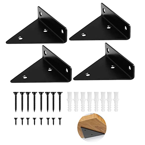 Support D'étagère Triangle Supports à Tablettes Equerre Etagere Murale Dissimulés Noir 4pcs Métal Acier Inoxydable avec 16pcs Vis pour Etagères Dans le Jardin D'étude de La Cuisine Cover