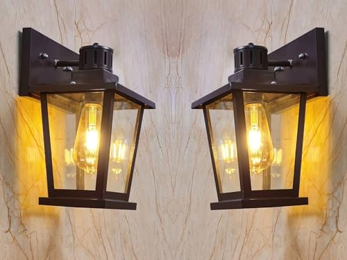 Image of GreyWings Classic Outdoor Wall Light for Home, Brown Metal Frame with Glass, E27 Big Threaded Holder, Wall Lamp, Pack of 2