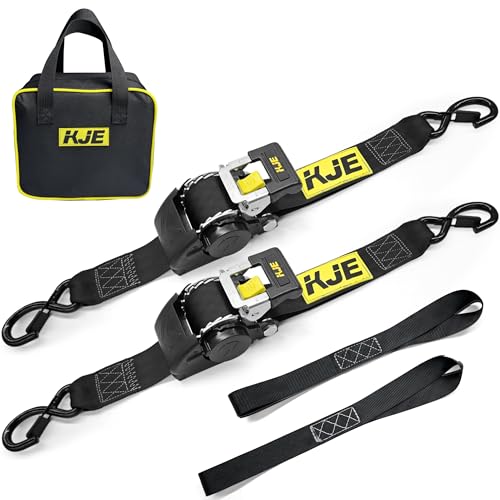KJE Retractable Ratchet Straps (2) 2 x 10 Automatic Tie Down Strap Sets + (2) Soft Loops - Heavy Duty 3 300lb Max Break Strength S-Hook with Clip Self Retracting Strap for Motorcycle Kayak ATVs