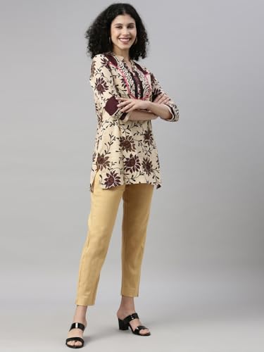 Image of MINELLI Women Solid Cigar Pants, Cotton Lycra Slub Fabric, Elasticated Waistband, Pull On Style, Regular Fit Bottom Wear for Western and Ethnic Wear