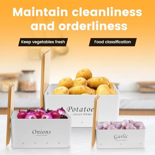 Image of 3 Pieces Potato Onion Storage Bin Sturdy for Kitchen Counter Farmhouse Decor white|Home & Garden | Kitchen Storage & Organization |3 Food Storage Containers (White)