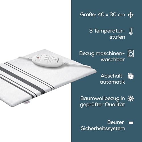 Beurer HK 25 Heizkissen, kuscheliges Wärmekissen mit 3 Temperaturstufen, Abschaltautomatik und Sicherheitssystem, made in Europe, maschinenwaschbar, 40 x 30 cm, weiß-grau