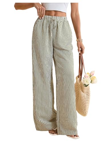 Women's Striped Wide Leg Pants Drawstring Waist Long Trousers Casual Lounge Pants