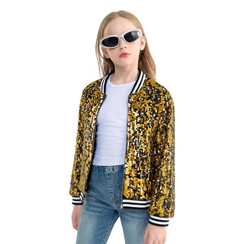 Image of LOLANTA Girls Sequin Jacket, Long Sleeve Kids Bomber Coats with Pockets, Spring Fall Outfits for 4-15 Years