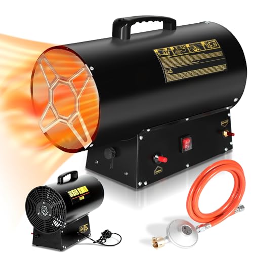 Daromigo Calefactor de gas de 30 W para bombona de gas con manguera de conexión, calentador de gas industrial, protección contra sobrecalentamiento, calentador de gas para obras, ventilada