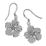 Rhodium Plated Sterling Silver 5/8 Inch Hibiscus Dangle Earrings
