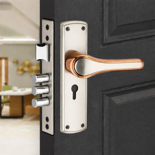 Image of SS /Rose Gold Finish Mortise Door Lock Handle Set | 8 inch Zinc lockset 1006 | KY 6-Lever 65mm Lock Mechanism | Suitable for Left & Right Handed Living Room Doors, Bedroom Door,Main Door