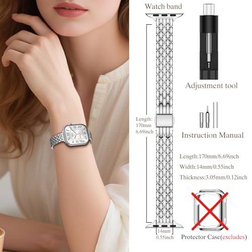 Image of Slim Metal Bands for Apple Watch 49 /46 /45 /44 /42mm(Series 3 /2 /1) | Thin Shiny Stainless Steel Strap Bands for Women, Fit iWatch Series 11 10 9 8 7 6 5 4 3 2 1 SE3 SE2 SE, Ultra 3 /2 /1, Silver