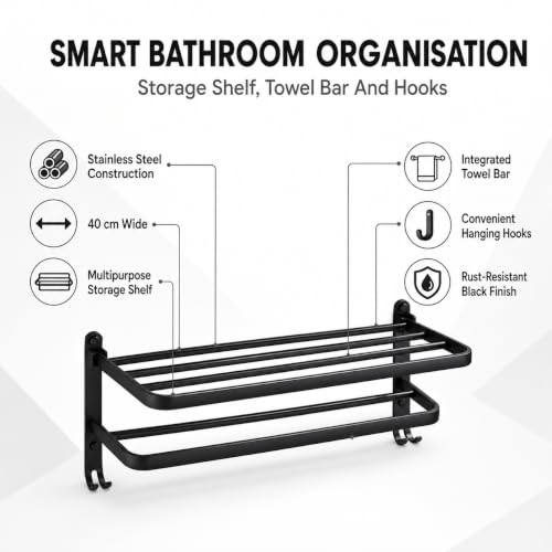 Image of ZAP Exotic Series Stainless Steel Towel Rack with Hooks, 59 CM Wall Mounted Bathroom Towel Holder, Multipurpose Storage Shelf for Towels and Clothes, Rust-Resistant Black Finish
