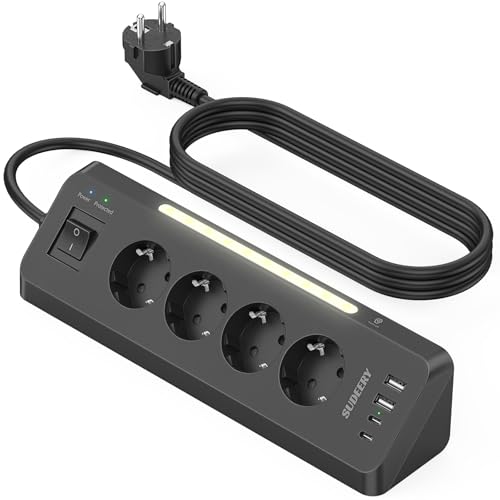 SUDEERY Multiprise d'angle avec USB (2 type C), 4 prises, pour bureau, encastrée, avec interrupteur, prise d'angle avec LED, pour cuisine, noire