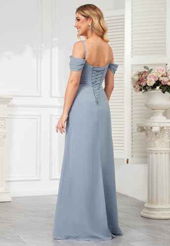 Fu Jiang Off The Shoulder Bridesmaid Dresses with Slit Cowl Neck Long Chiffon Formal Dress for Women2