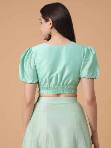 Image of Frolic Rolic Premium Silk V-Neck Blouse Readymade Saree Blouse - Designer Puff Sleeve Blouse for Wedding