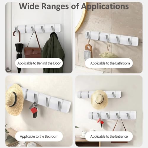 Garderobenleiste mit 5 Haken, Wand Garderobenhaken Weiß, Moderne Garderobenleiste Umklappbaren, Platzsparende, Wandgarderobe, Wandhaken Selbstklebend & Schrauben für Wand, Schlafzimmer, Tür, Bad