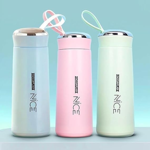 Image of Nice Water Bottle, Glass Inner Liner with Silicone Protective Cover Hot and Cold Thermoware 400ml Vaccum Flask Glass Water Bottle | Leak Proof | BPA Free | Air Tight Lid | (Multicolour-Pack of 4)