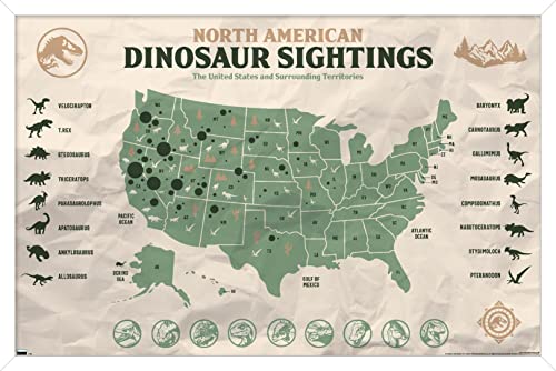 Trends International Jurassic World: Dominion - North American Dinosaur Map Wall Poster, 14.725" x 22.375", White Framed Version