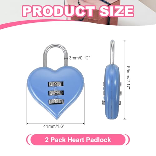 Image of MECCANIXITY Combination Locks, Heart Shape 3 Digit Password Padlock Love Locker Lock for Jewelry Storage Box Diary Gym Outdoor Fence Gate Hasp Cabinet Storage, Light Blue, Pack of 2