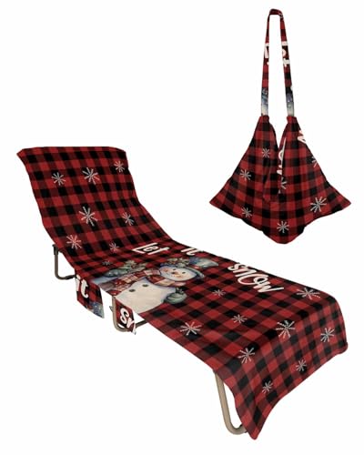 Christmas Beach Chair Towel Covers for Chaise Lounge with Side Pocket, Soft Plush Pool Towels Cover for Patio Sunbathing Outdoor 29''x85'' Red Buffalo Plaid Checkered Pine Leaves