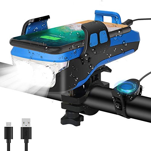 SEWOBYE Luz de bicicleta USB recarregável, 550 lumens, luzes de bicicleta com alarme e suporte para telemóvel, luz LED, bicicleta para MTB, bicicleta de estrada (Sky Blue)