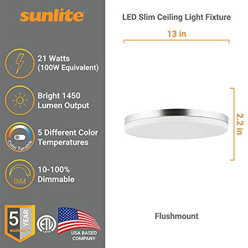 Sunlite 87768 Led 13 Inch Slim Flushmount Ceiling Light Fixture, 21 Watts (100W Equivalent), 1450 Lumens, Adjustable 5 Cct 2700K-5000K, 120V, Dimmable, 50,000 Hour Lifespan, Brushed Aluminum #TOP1