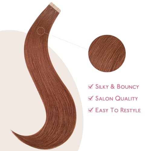 Image of WENNALIFE Tape in Hair Extensions Human Hair Cinnamon Copper Tape in Extensions, 10pcs 30g 26 inch Remy Invisible Tape Ins Straight Colored Soft Real Human Hair Tape in Extensions Refill Set Extens