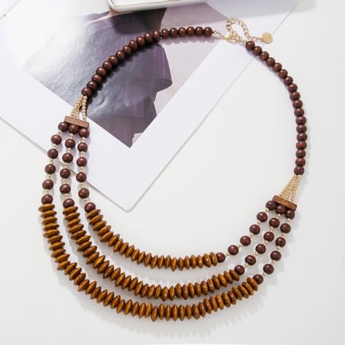 Coiris Wooden Beaded Bib Statement Necklace 3 Layer Long Multi Strand Chunky Collar Necklace Handmade Jewelry Boho thumb #2