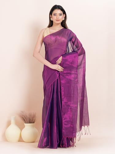 Image of Women's Tissue Cotton Saree | Plain Lightweight Tassel Pallu Saree with Blouse