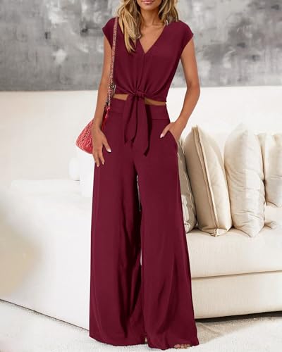 Image of PRETTYGARDEN Women's Summer 2 Piece Outfits 2026 Cap Sleeve V Neck Belted Crop Tops Wide Leg Pant Sets Casual Tracksuit