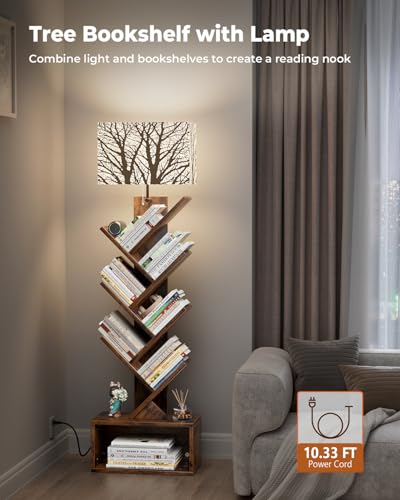 Evermagin Tree Bookshelf with Light, 6 Tier Small Bookcase, Narrow Floor Standing Book Tower Organizer with Storage Cabinet for Living Room, Bedroom & Home Office, Rustic Brown