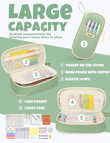 Image of SUNEE Cute Pencil Case, Large Pencil Pouch, Aesthetic Big Pencil Bag with Zipper, Kawaii Stationery Storage and Organizer, School Supplies for Boys and Girls Teen, Heavy Duty Oxford Canvas, Sage Green