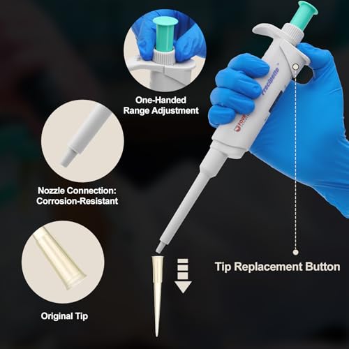 Image of 4E's USA Lab 5-50μL Pipette: Single-Channel Adjustable Micropipette with Color-Coded Top (Green), 4 Digit Display, Universal Tip Cone, High Accuracy, ISO 8655 Calibrated & Lower Portion Autoclavable