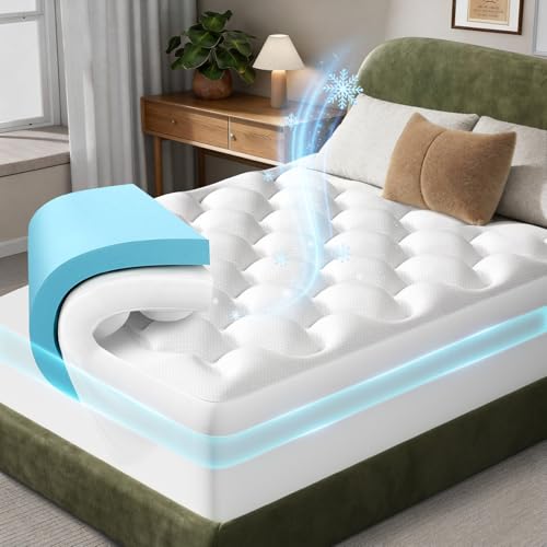 OhGeni Cooling 4 lnch King Size Dual Layer Mattress Topper, 2 Inch Gel Memory Foam, 2 Inch Soft Breathable Pillow Top Pad, Bedroom Mattresses Cover, Extra Comfortable Sleep and Back Pain Relief
