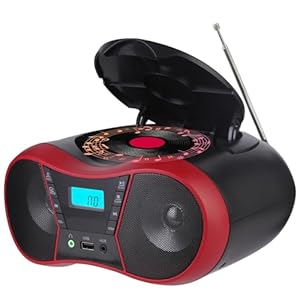 Boombox CD Player Portable, Portable CD Players for Home, Radio CD Player Stereo with AUX/USB/FM/Bluetooth, AC/Battery, Sleep Timer, Boom Box with Bluetooth Gift for Kids,Seniors,Home, Red